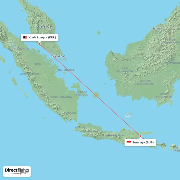 Surabaya - Kuala Lumpur direct flight map