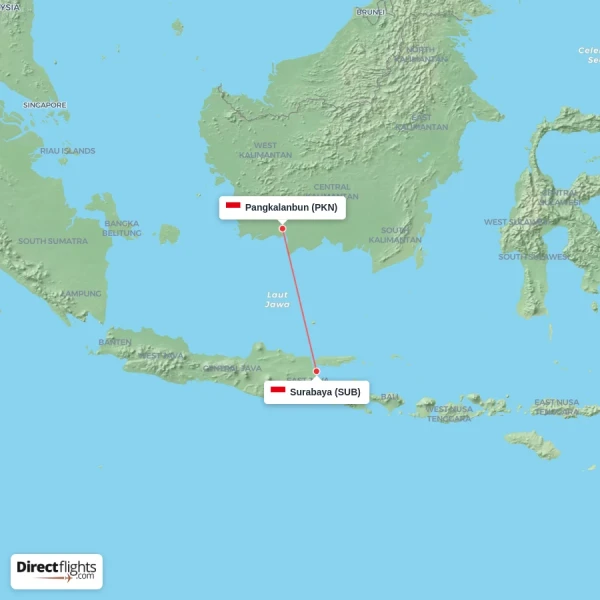 Surabaya - Pangkalanbun direct flight map