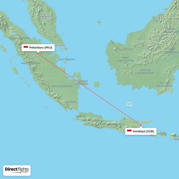Surabaya - Pekanbaru direct flight map