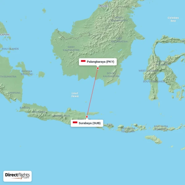 Surabaya - Palangkaraya direct flight map