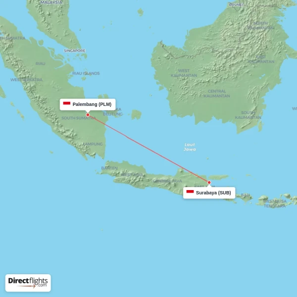 Surabaya - Palembang direct flight map