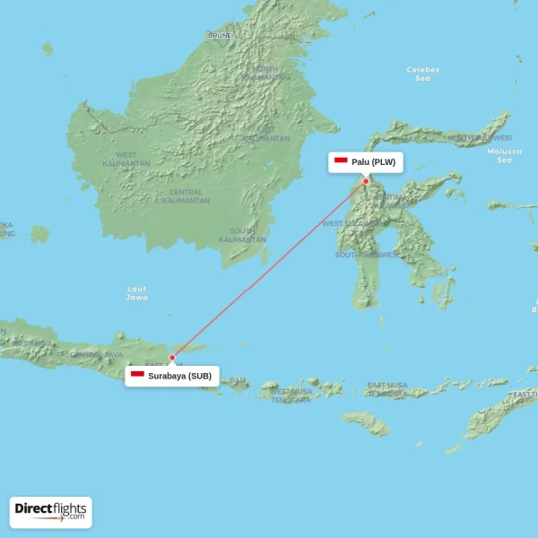 Surabaya - Palu direct flight map