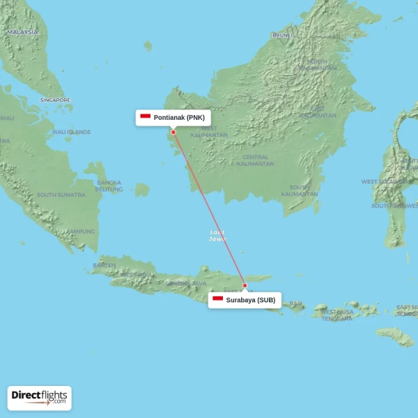 Surabaya - Pontianak direct flight map
