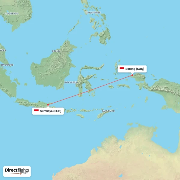 Surabaya - Sorong direct flight map