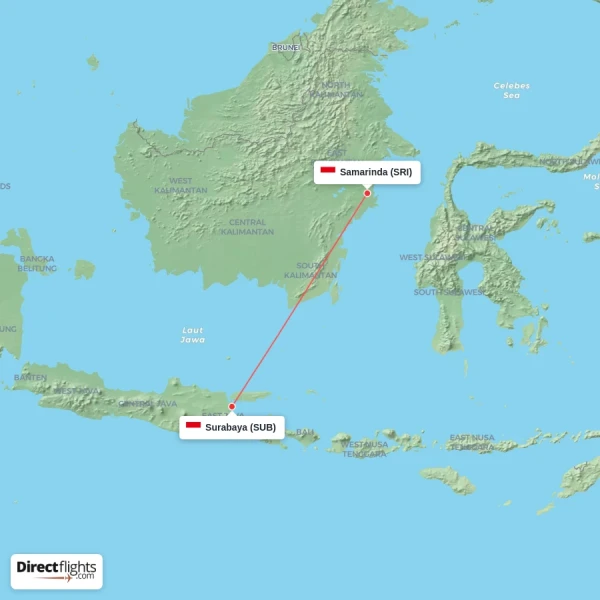 Surabaya - Samarinda direct flight map