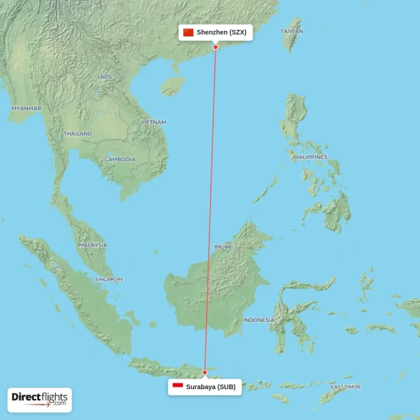 Surabaya - Shenzhen direct flight map
