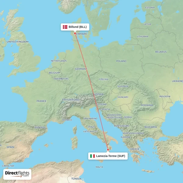 Lamezia-Terme - Billund direct flight map