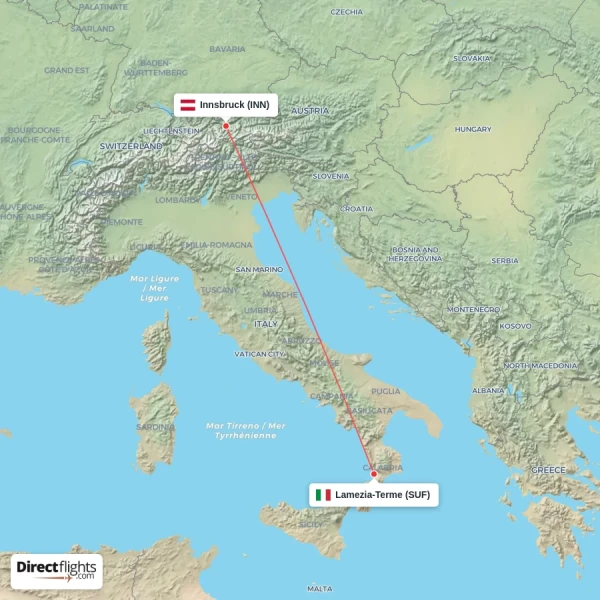 Lamezia-Terme - Innsbruck direct flight map