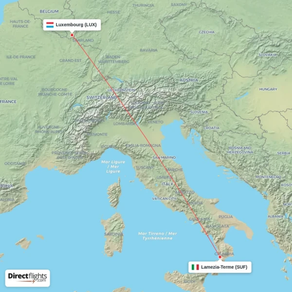 Lamezia-Terme - Luxembourg direct flight map