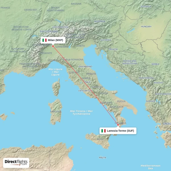 Lamezia-Terme - Milan direct flight map