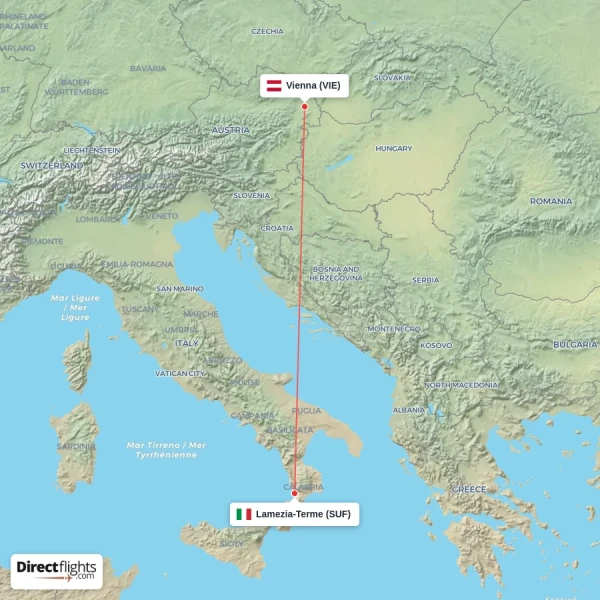 Lamezia-Terme - Vienna direct flight map