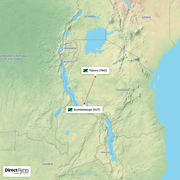 Sumbawanga - Tabora direct flight map