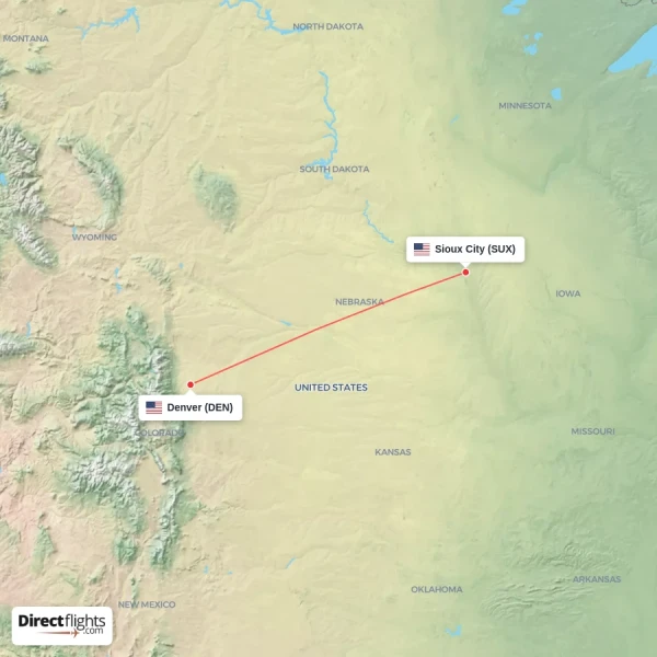Sioux City - Denver direct flight map