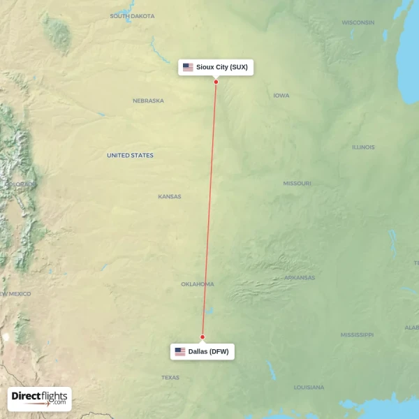 Sioux City - Dallas direct flight map