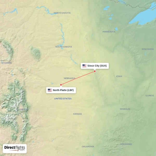 Sioux City - North Platte direct flight map