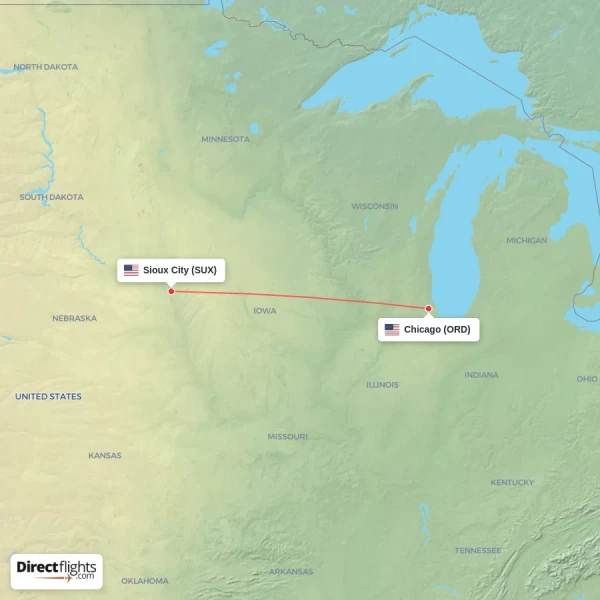 Sioux City - Chicago direct flight map