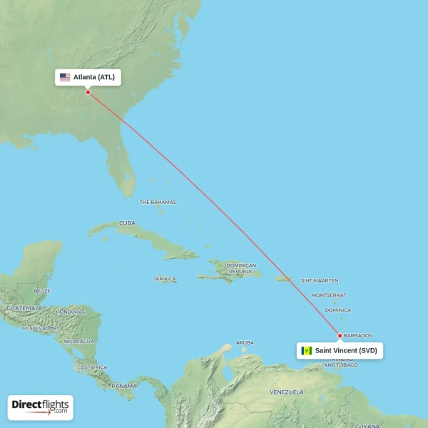 Saint Vincent - Atlanta direct flight map