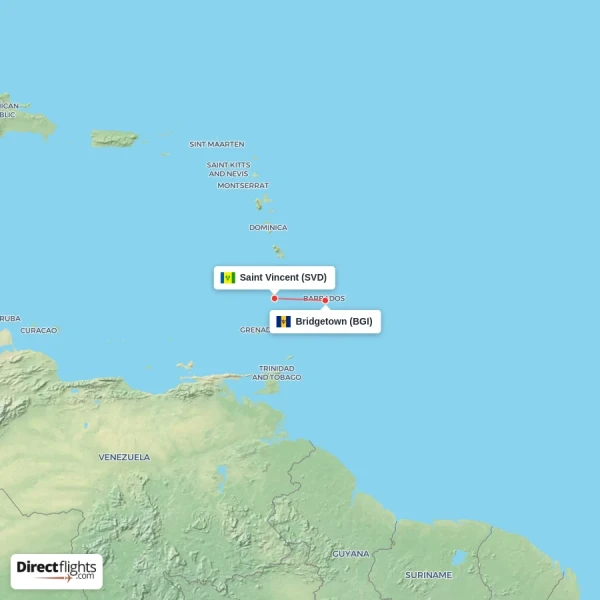Saint Vincent - Bridgetown direct flight map
