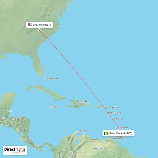 Saint Vincent - Charlotte direct flight map