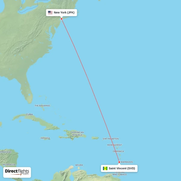 Saint Vincent - New York direct flight map