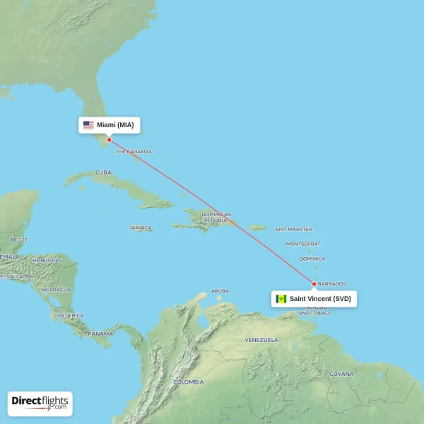 Saint Vincent - Miami direct flight map