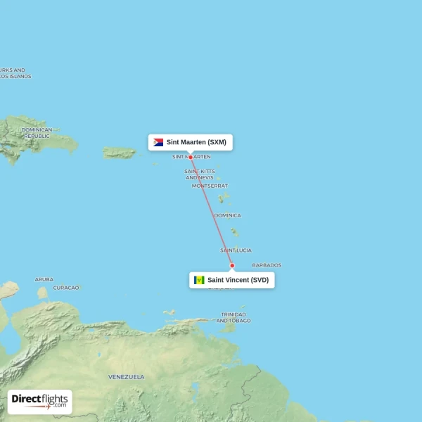 Saint Vincent - Sint Maarten direct flight map