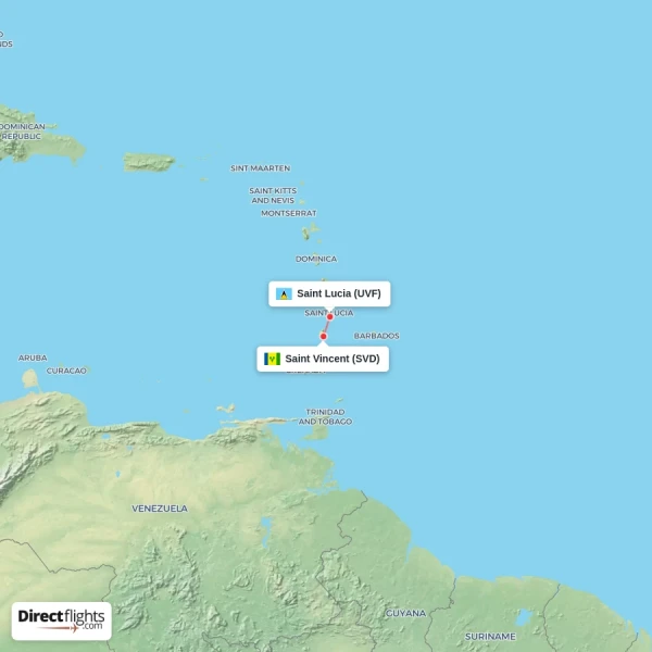 Saint Vincent - Saint Lucia direct flight map