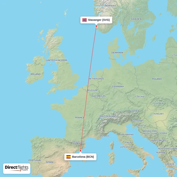 Stavanger - Barcelona direct flight map