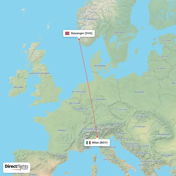 Stavanger - Milan direct flight map