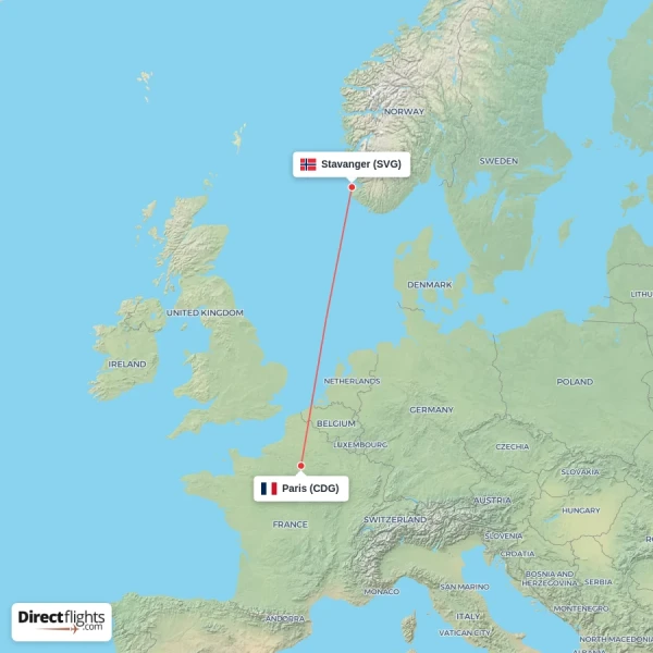Stavanger - Paris direct flight map