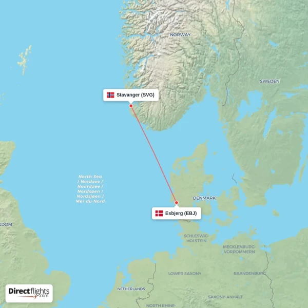 Stavanger - Esbjerg direct flight map
