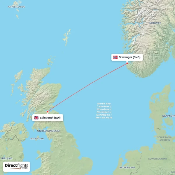 Stavanger - Edinburgh direct flight map