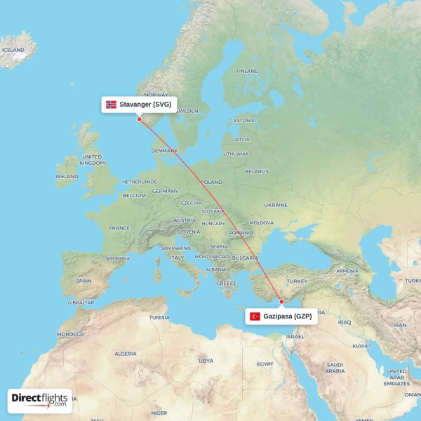 Stavanger - Gazipasa direct flight map