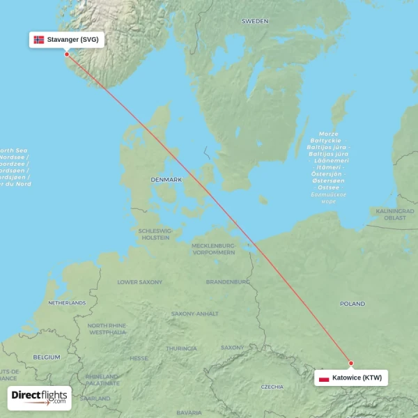Stavanger - Katowice direct flight map