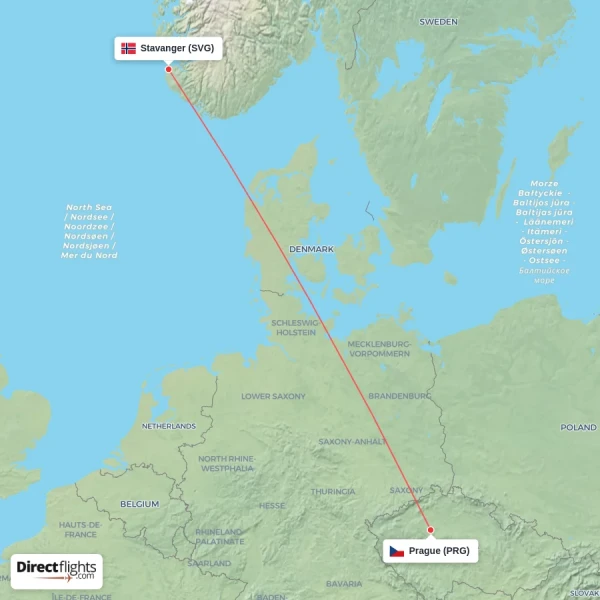 Stavanger - Prague direct flight map