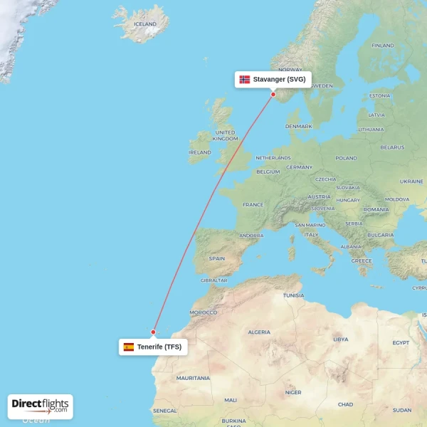 Stavanger - Tenerife direct flight map