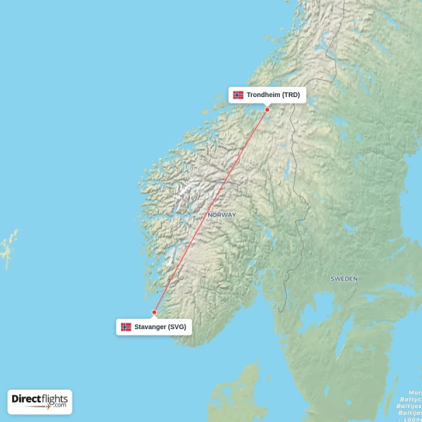 Stavanger - Trondheim direct flight map