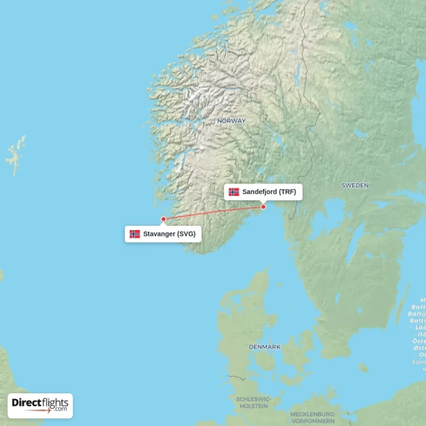 Stavanger - Sandefjord direct flight map
