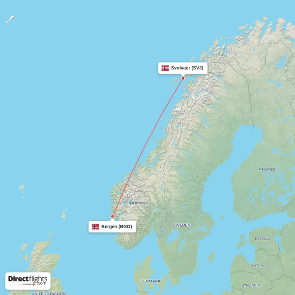 Svolvaer - Bergen direct flight map