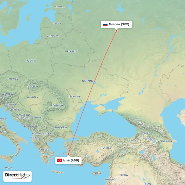 Moscow - Izmir direct flight map