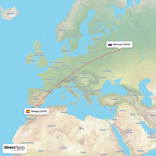 Moscow - Malaga direct flight map