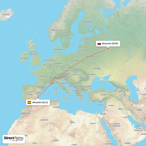 Moscow - Alicante direct flight map