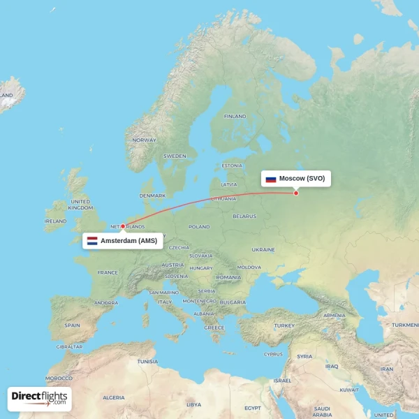 Moscow - Amsterdam direct flight map