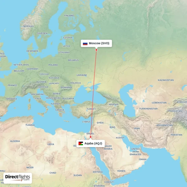 Moscow - Aqaba direct flight map