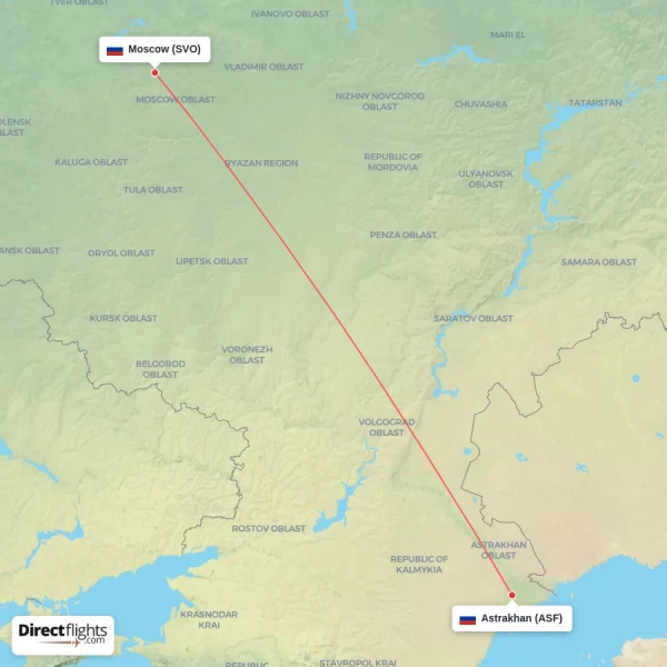 Moscow - Astrakhan direct flight map
