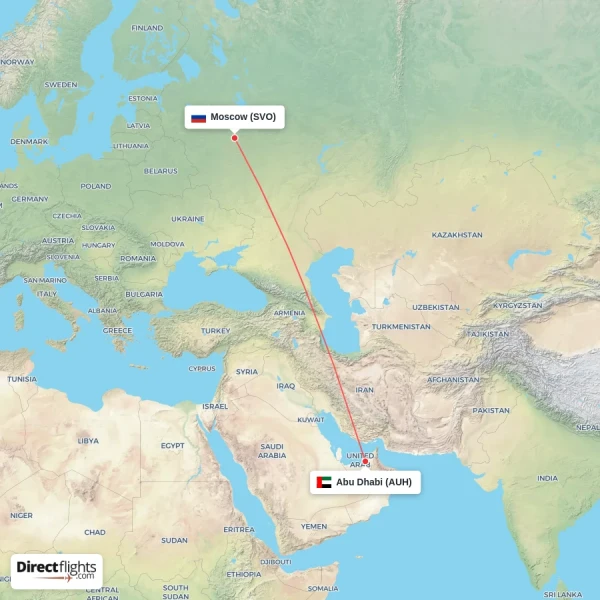 Moscow - Abu Dhabi direct flight map