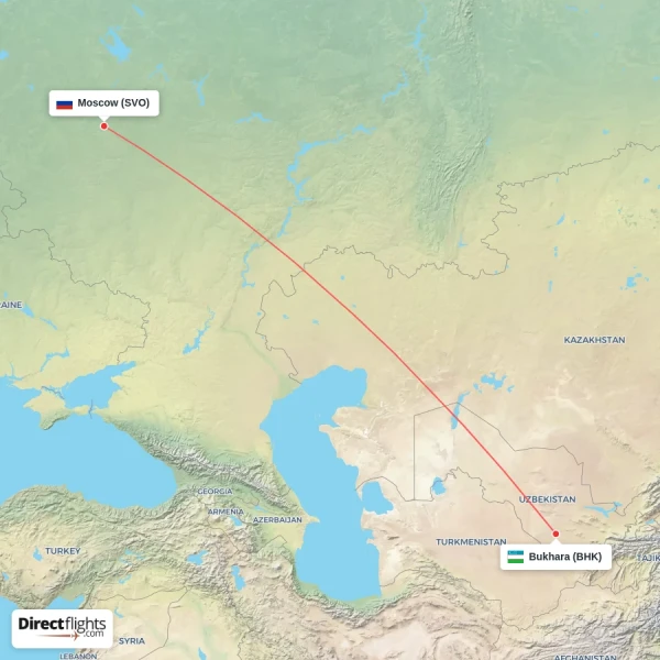 Moscow - Bukhara direct flight map