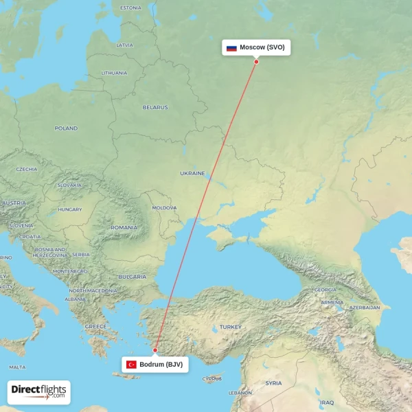 Moscow - Bodrum direct flight map