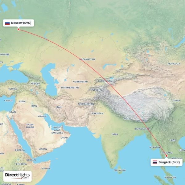 Moscow - Bangkok direct flight map