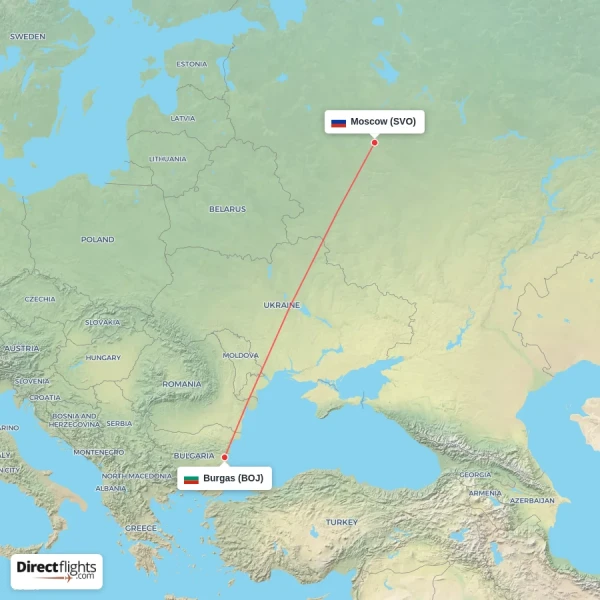 Moscow - Burgas direct flight map